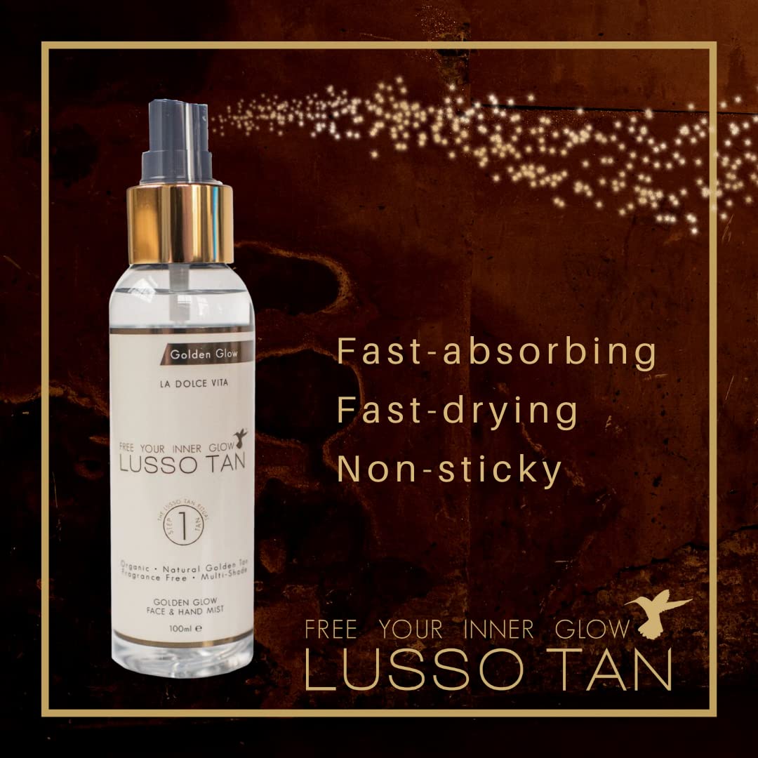 Lusso Tan Golden Glow Mist for Face and Hands – Light, Organic, Vegan and Cruelty-Free Tinted Gradual Self-Tanning Spray in Natural Golden Tan with Vitamins. Instant-drying, Streak-Free.