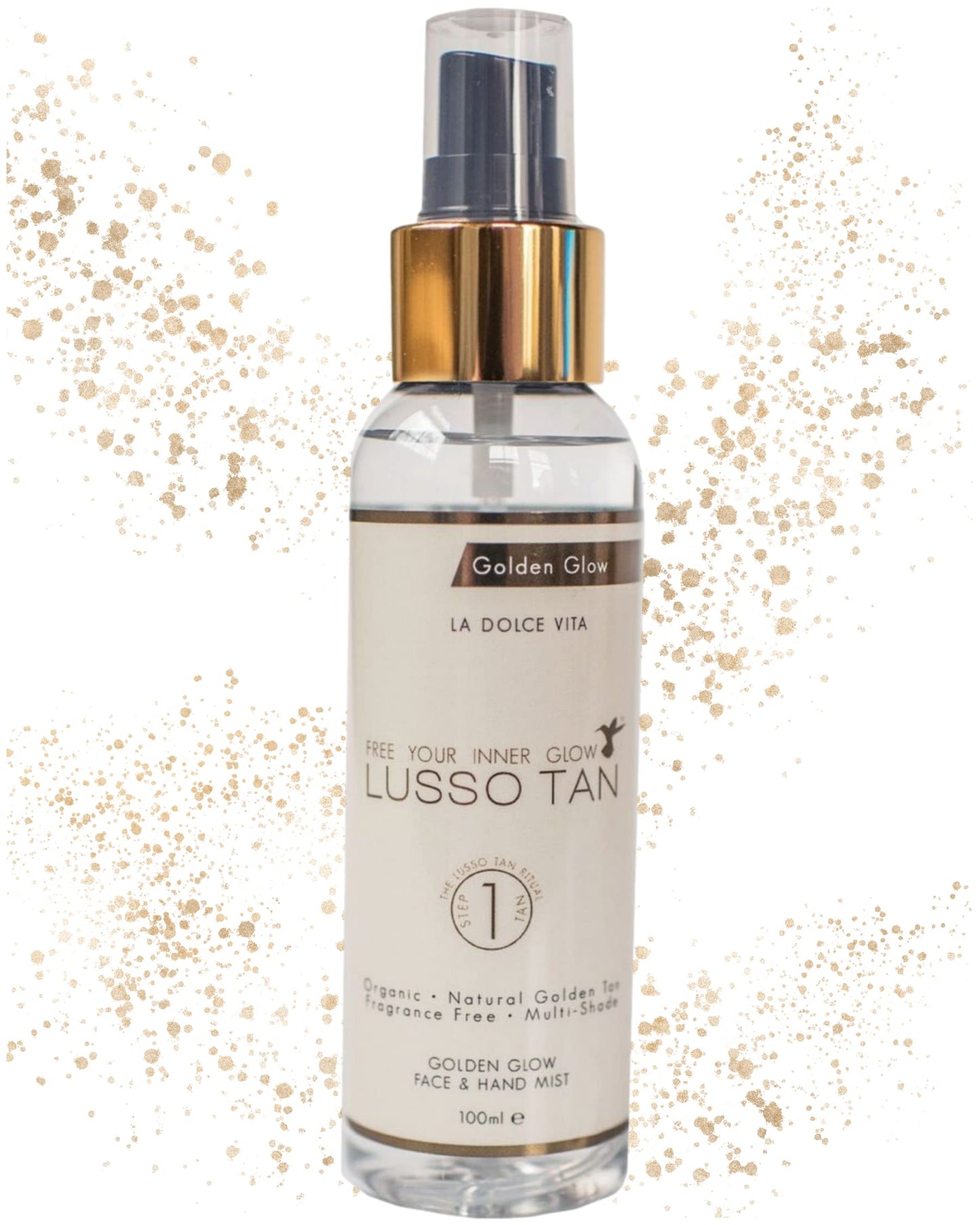 Lusso Tan Golden Glow Mist for Face and Hands – Light, Organic, Vegan and Cruelty-Free Tinted Gradual Self-Tanning Spray in Natural Golden Tan with Vitamins. Instant-drying, Streak-Free.