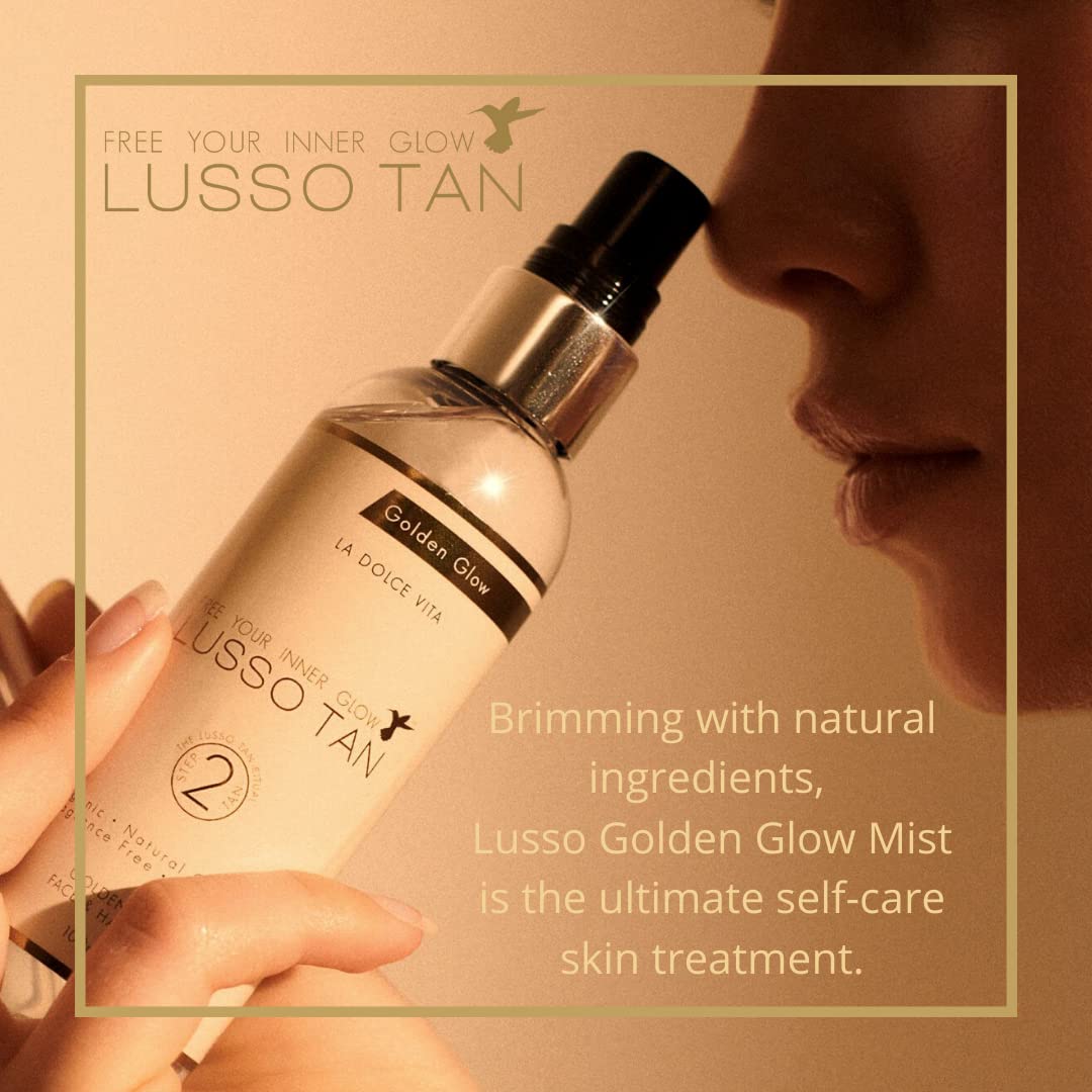 Lusso Tan Golden Glow Mist for Face and Hands – Light, Organic, Vegan and Cruelty-Free Tinted Gradual Self-Tanning Spray in Natural Golden Tan with Vitamins. Instant-drying, Streak-Free.