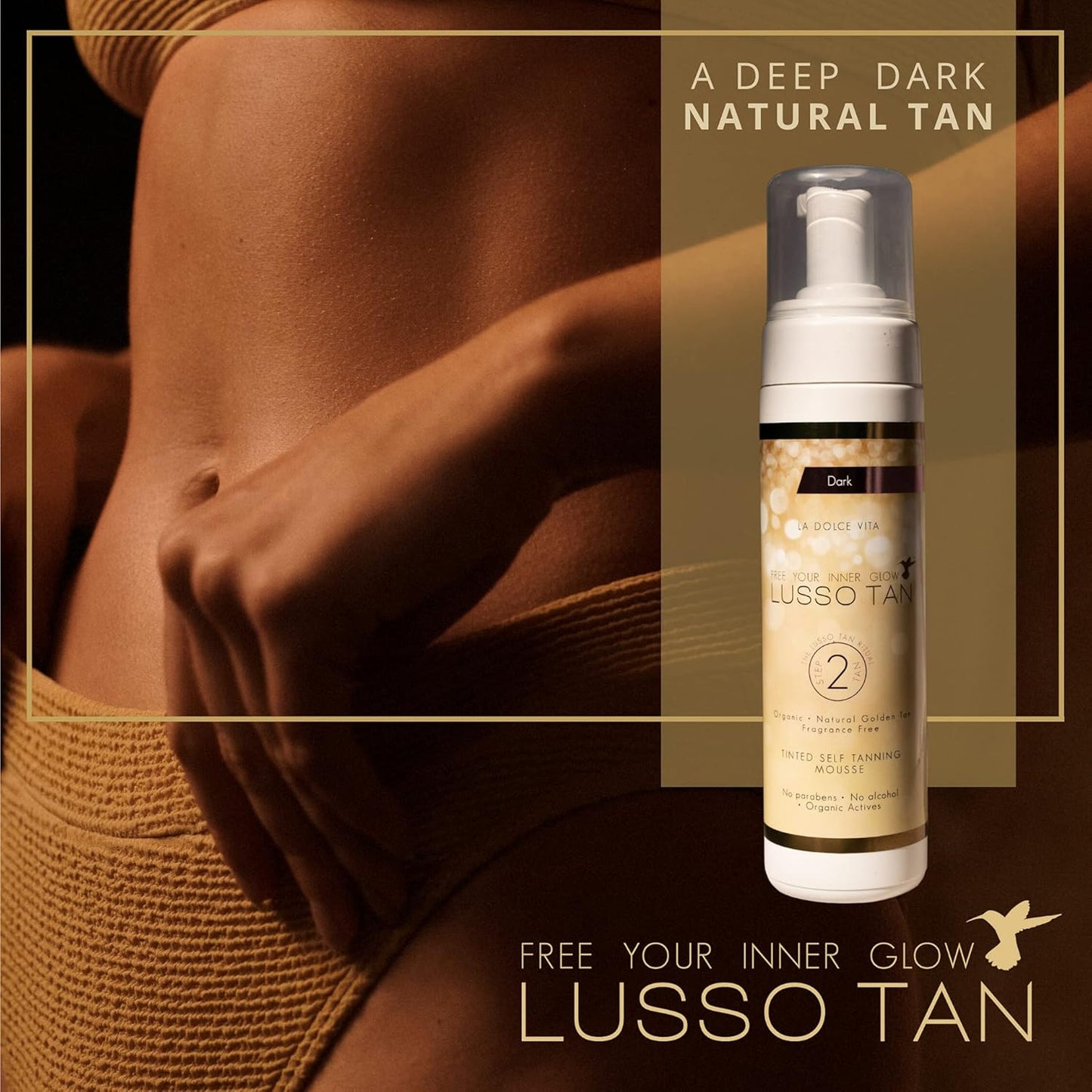 Professional Dark Self Tanning Mousse - By Lusso Tan. Organic, Vegan, Cruelty-Free False Tan. Instant-drying. Streak-free, Flawless Finish Fake Tan.