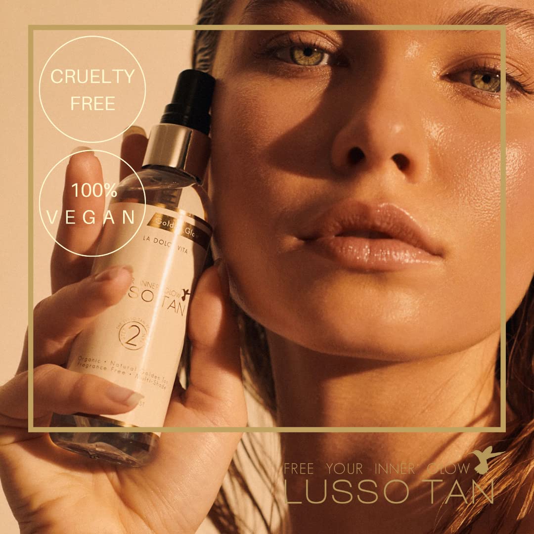 Lusso Tan Golden Glow Mist for Face and Hands – Light, Organic, Vegan and Cruelty-Free Tinted Gradual Self-Tanning Spray in Natural Golden Tan with Vitamins. Instant-drying, Streak-Free.