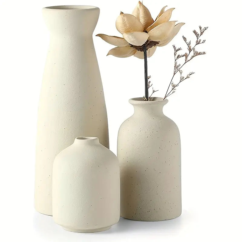 3pcs Beige Ceramic Vase Set, Modern Decorative Vases