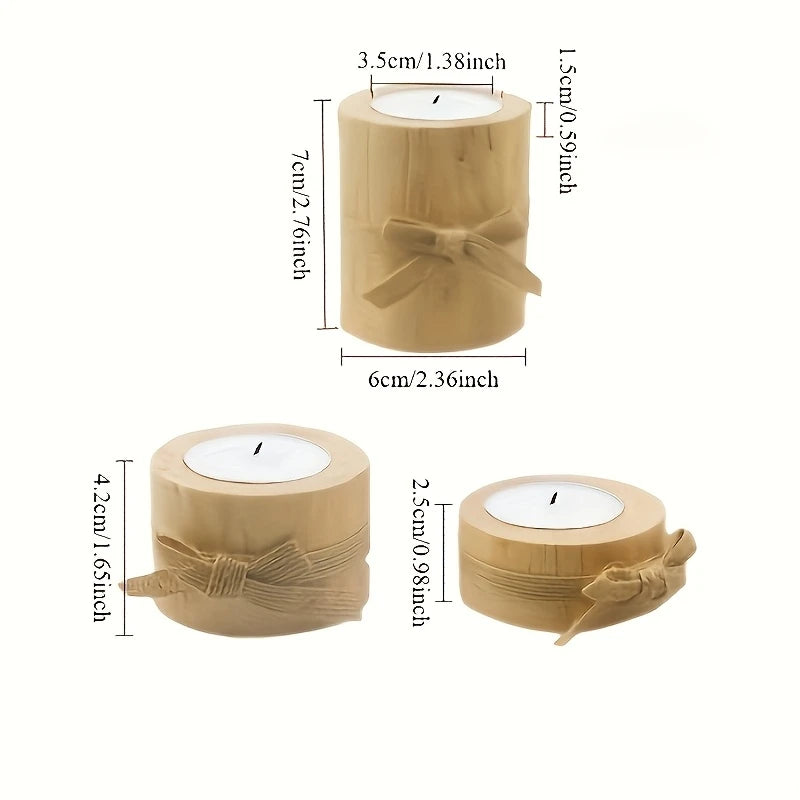 3pcs Wooden Candle Holder / Flowerpot Set, Rustic Decor with Bow Accents – Home