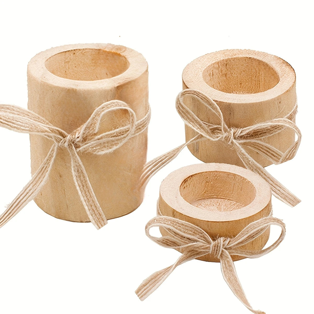 3pcs Wooden Candle Holder / Flowerpot Set, Rustic Decor with Bow Accents – Home