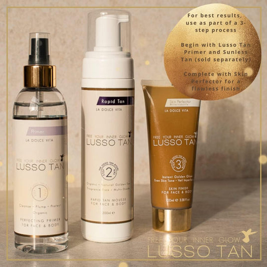 Lusso Tan Skin Perfector for Face and Body, 100ml, Organic, Vegan and Cruelty-Free Self-Tan Instant Glow. Covers Blemishes and Instant-drying. Streak-free, flawless finish.