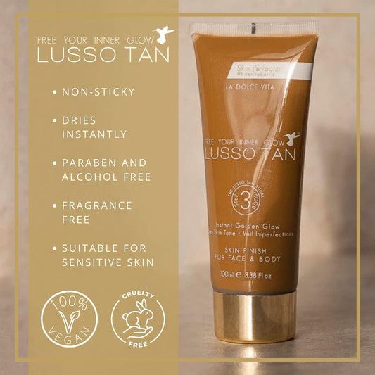 Lusso Tan Skin Perfector for Face and Body, 100ml, Organic, Vegan and Cruelty-Free Self-Tan Instant Glow. Covers Blemishes and Instant-drying. Streak-free, flawless finish.