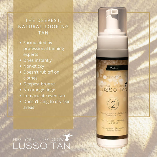 Professional Medium Self Tanning Mousse - By Lusso Tan. Organic, Vegan, Cruelty-Free False Tan. Instant-drying.