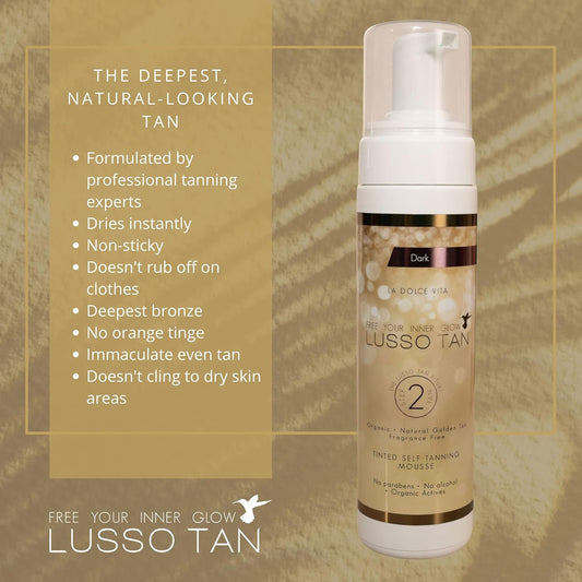 Professional Dark Self Tanning Mousse - By Lusso Tan. Organic, Vegan, Cruelty-Free False Tan. Instant-drying. Streak-free, Flawless Finish Fake Tan.