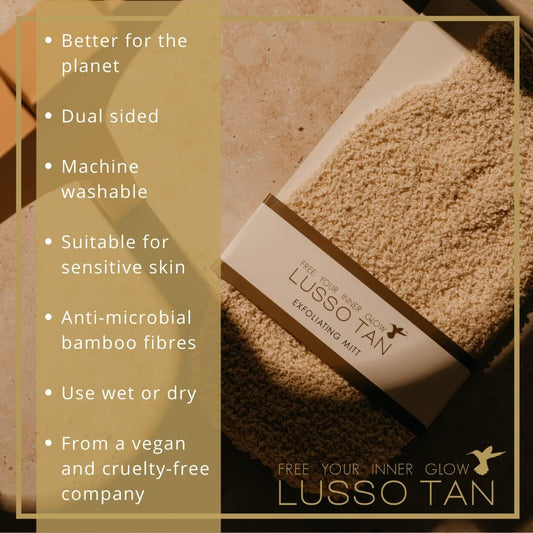 Bamboo Exfoliating Mitt by Lusso Tan. Body Scrub Exfoliator for Bath or Shower. Wash and Brush Tan from your Body and Face With Scrubber Mitten. Eco Friendly, Cleansing Dead Skin Remover.