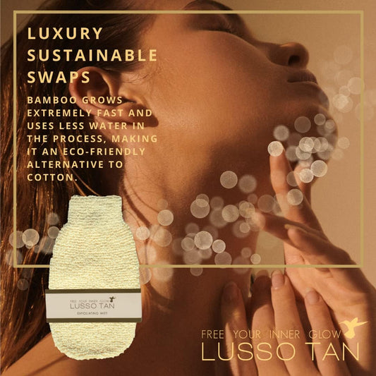 Bamboo Exfoliating Mitt by Lusso Tan. Body Scrub Exfoliator for Bath or Shower. Wash and Brush Tan from your Body and Face With Scrubber Mitten. Eco Friendly, Cleansing Dead Skin Remover.