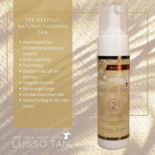 Professional UltraDark Self Tanning Mousse - By Lusso Tan. Organic, Vegan, Cruelty-Free False Tan. Instant-drying. Streak-free, Flawless Finish Fake Tan. (Copy)