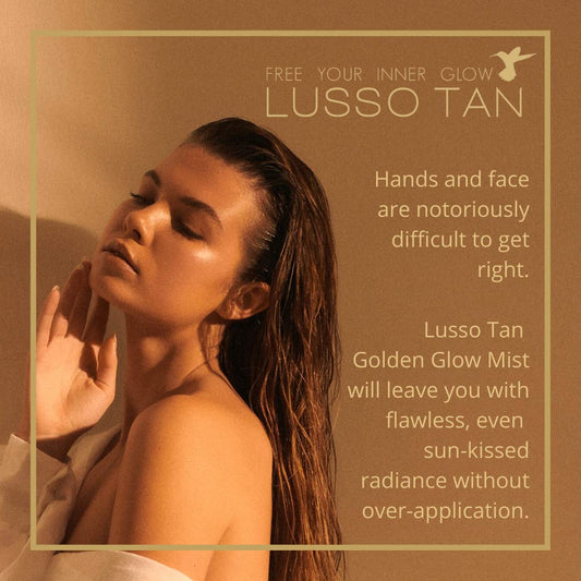 Lusso Tan Golden Glow Mist for Face and Hands – Light, Organic, Vegan and Cruelty-Free Tinted Gradual Self-Tanning Spray in Natural Golden Tan with Vitamins. Instant-drying, Streak-Free.