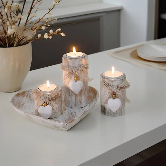 Antique Wooden Heart Candle Holder with Tea Light Stand, Rustic Home Decor Accent