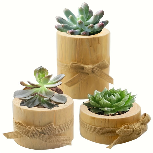 3pcs Wooden Candle Holder / Flowerpot Set, Rustic Decor with Bow Accents – Home