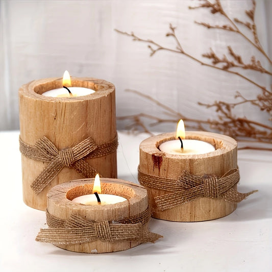 3pcs Wooden Candle Holder / Flowerpot Set, Rustic Decor with Bow Accents – Home